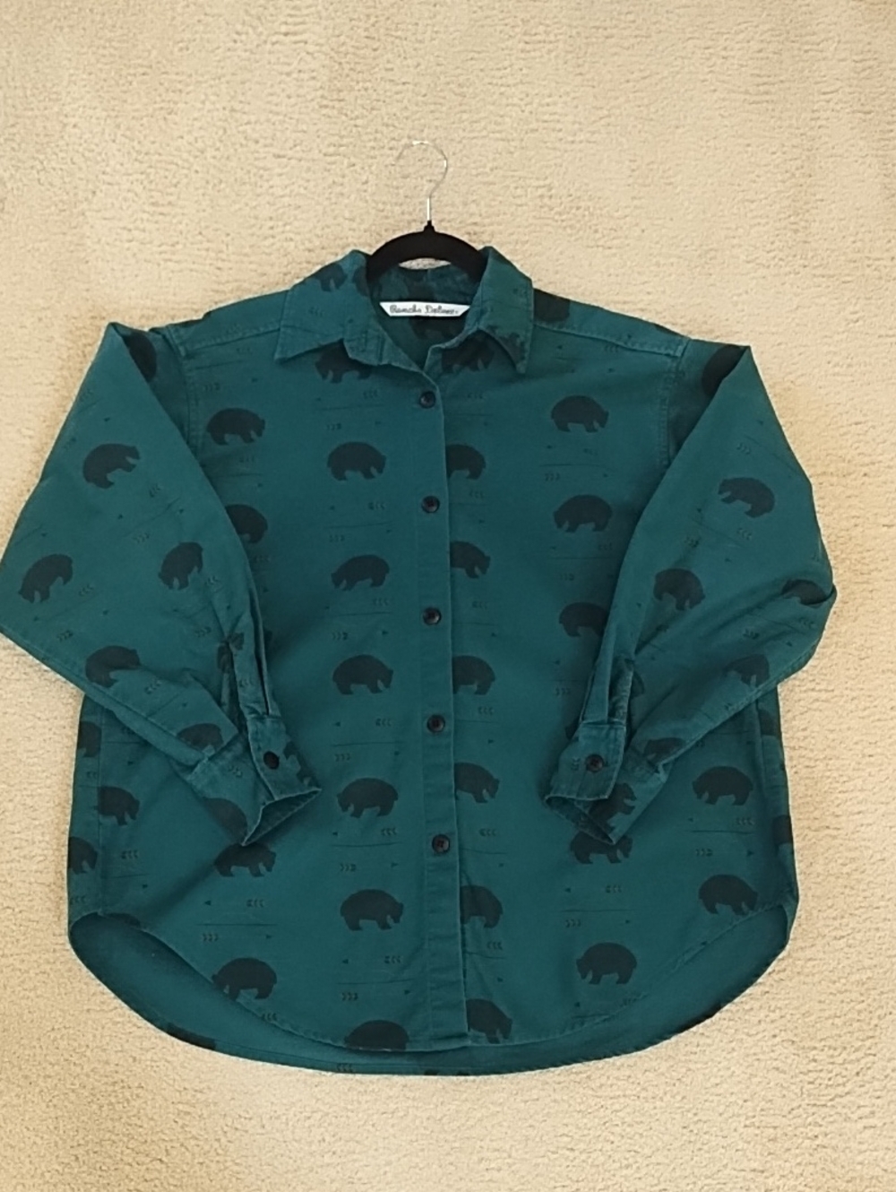 90's Flannel Button-Down Shirt Teal Black Bear Arrow Lodge Cabincore Mens Medium